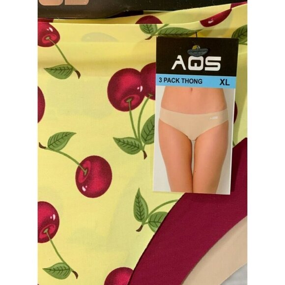 AQS XL Yellow Cherry Print-Red- Tan Seamless Lined Gusset Thong Panties-3 Pk - Picture 4 of 5